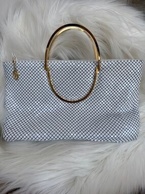 John Weitz White Mesh Metal Bag with Gold Oval Handles